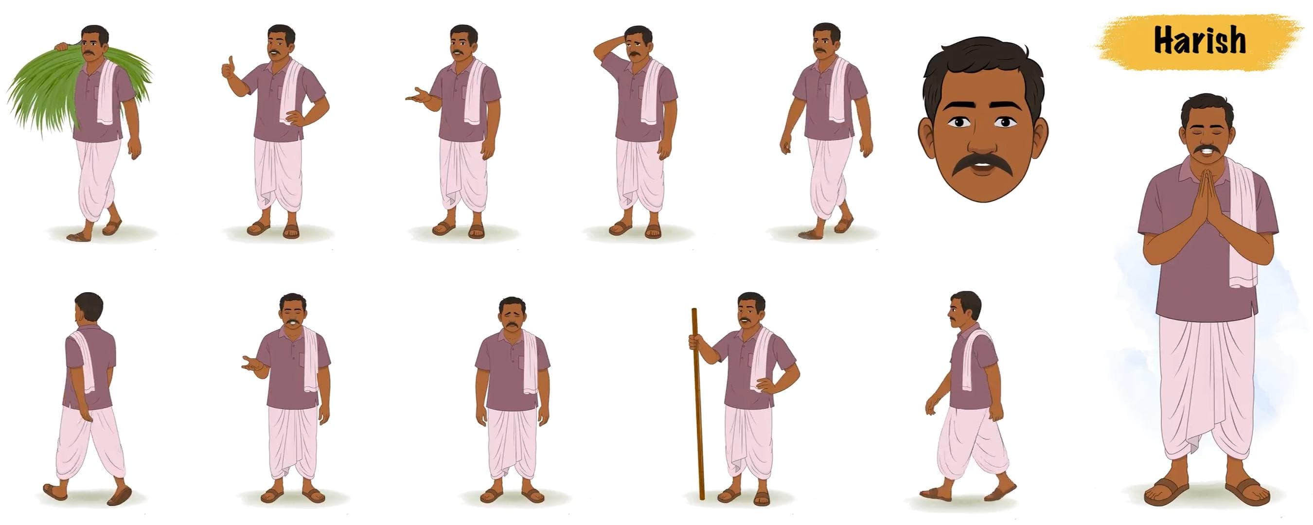 Indian farmer with dhoti animated model sheet vector cartoon character AKA Harish