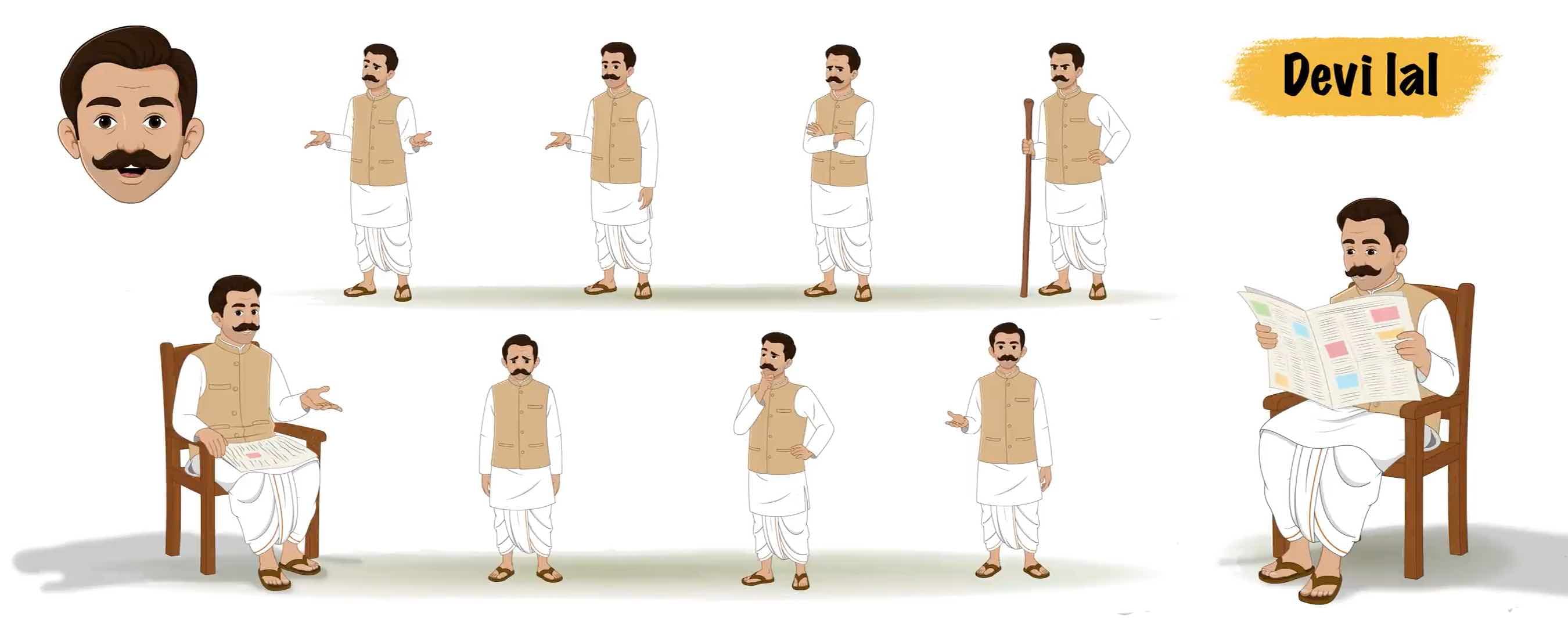 Indian Man in Traditional Attire animated model sheet vector cartoon character AKA Devi Lal