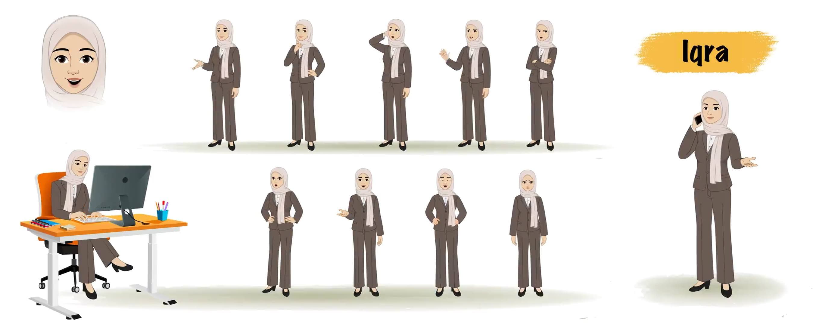 Young muslim girl wearing brown suit animated model sheet vector cartoon character AKA Iqra