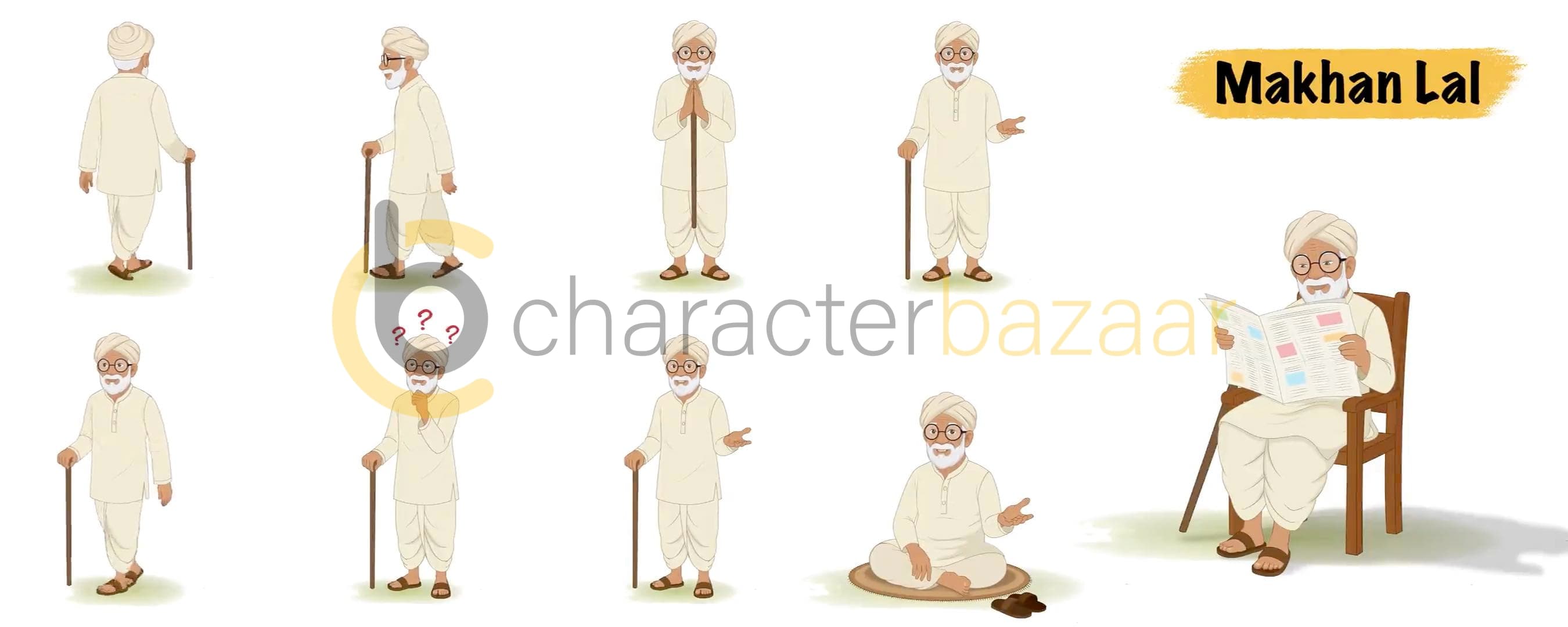 Old Indian village man cartoon vector character bundle animated model sheet AKA Makhan Lal