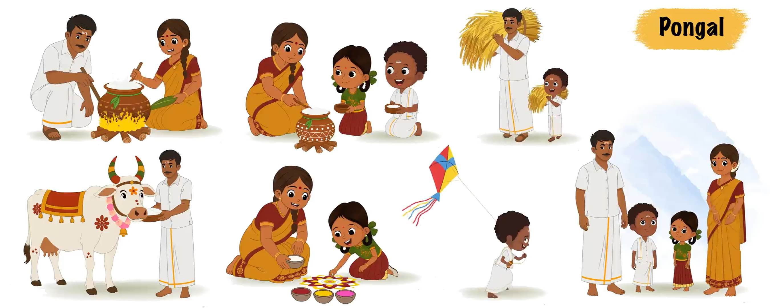Cartoon South Indian family celebrating Pongal animated modelsheet vector