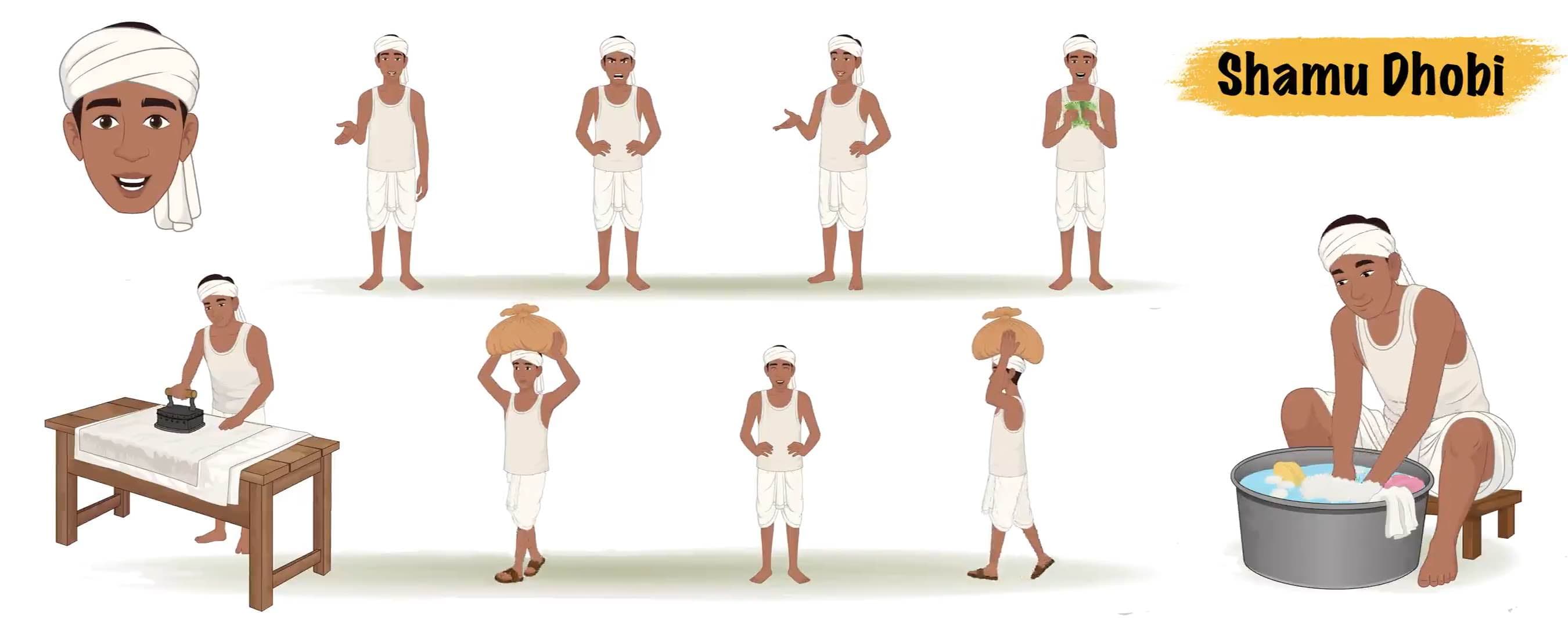 Indian man dhobi character bundle animated vector model sheet AkA Shamu